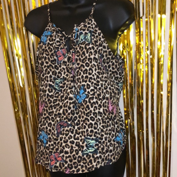 NWT Leopard Print Butterfly Lace Up Chiffon Tank - Picture 2 of 6